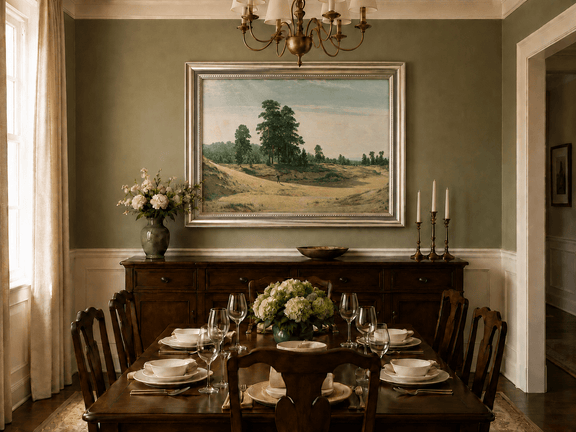 Framed hand-painted sandy forest clearing oil painting with a distant figure displayed above a formal dining table.