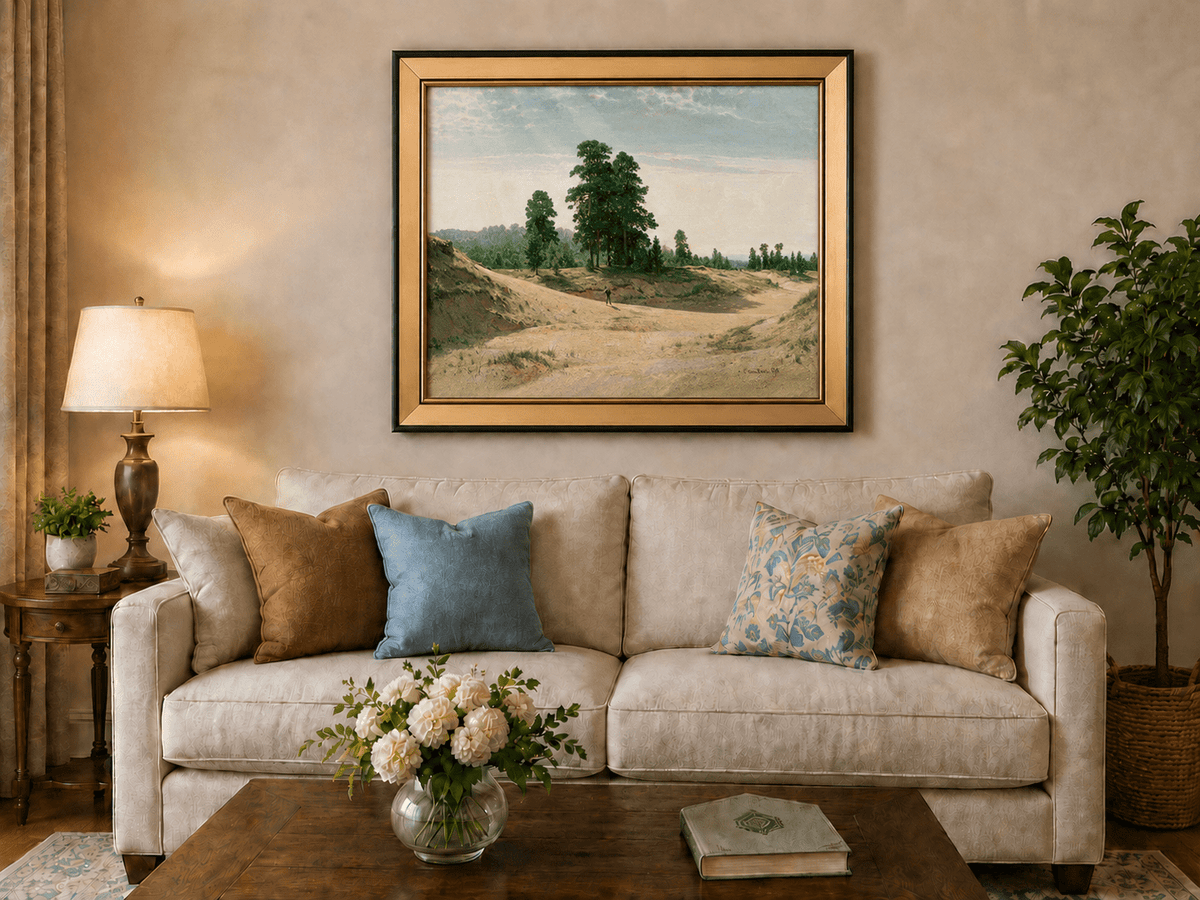 Framed hand-painted sandy forest clearing oil painting with a distant figure displayed above a neutral living room sofa.