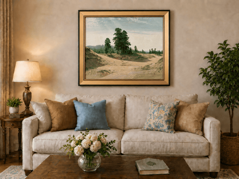 Framed hand-painted sandy forest clearing oil painting with a distant figure displayed above a neutral living room sofa.