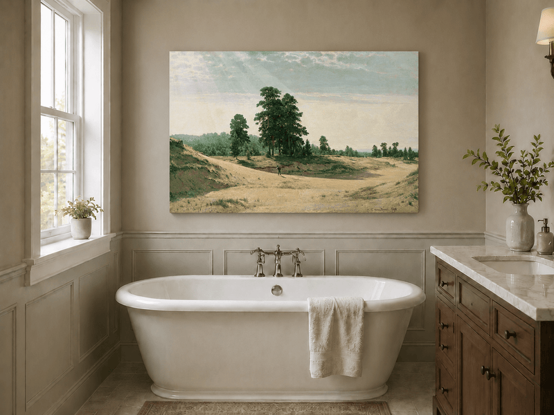 Unframed hand-painted sandy forest clearing oil painting with a distant figure displayed above a freestanding bathtub.
