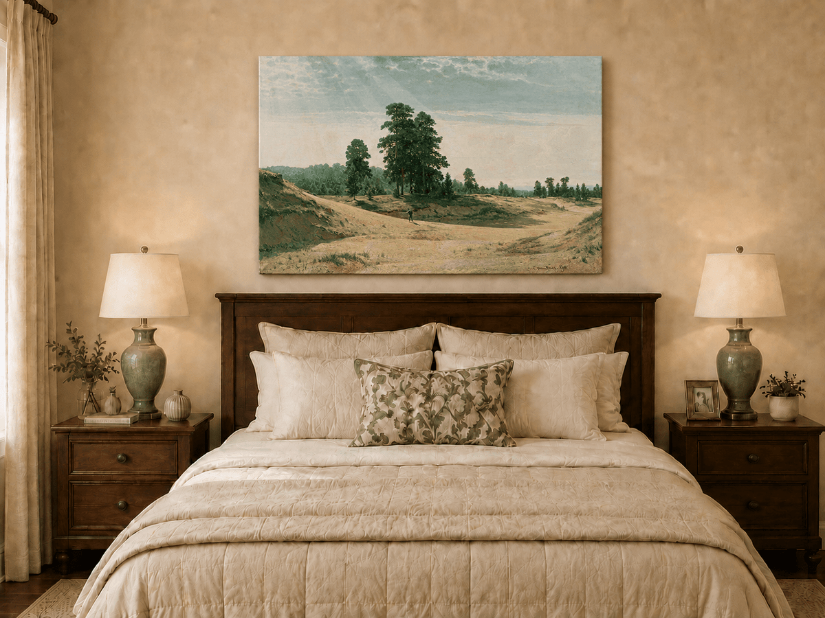 Unframed hand-painted sandy forest clearing oil painting with a distant figure displayed above a wooden bed in a neutral bedroom.