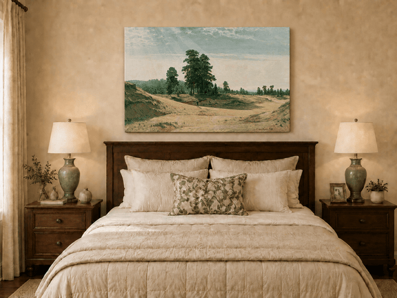 Unframed hand-painted sandy forest clearing oil painting with a distant figure displayed above a wooden bed in a neutral bedroom.