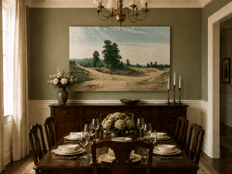 Unframed hand-painted sandy forest clearing oil painting with a distant figure displayed above a formal dining table.