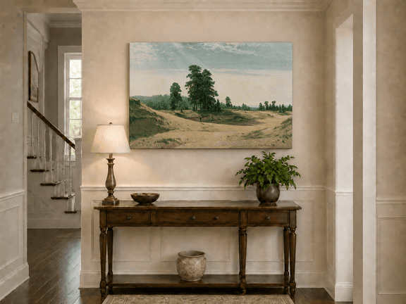 Unframed hand-painted sandy forest clearing oil painting with a distant figure displayed above an entryway console table.