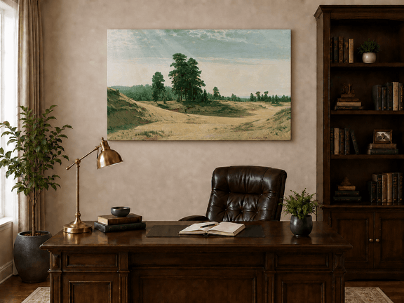 Unframed hand-painted sandy forest clearing oil painting with a distant figure displayed above a traditional home office desk.