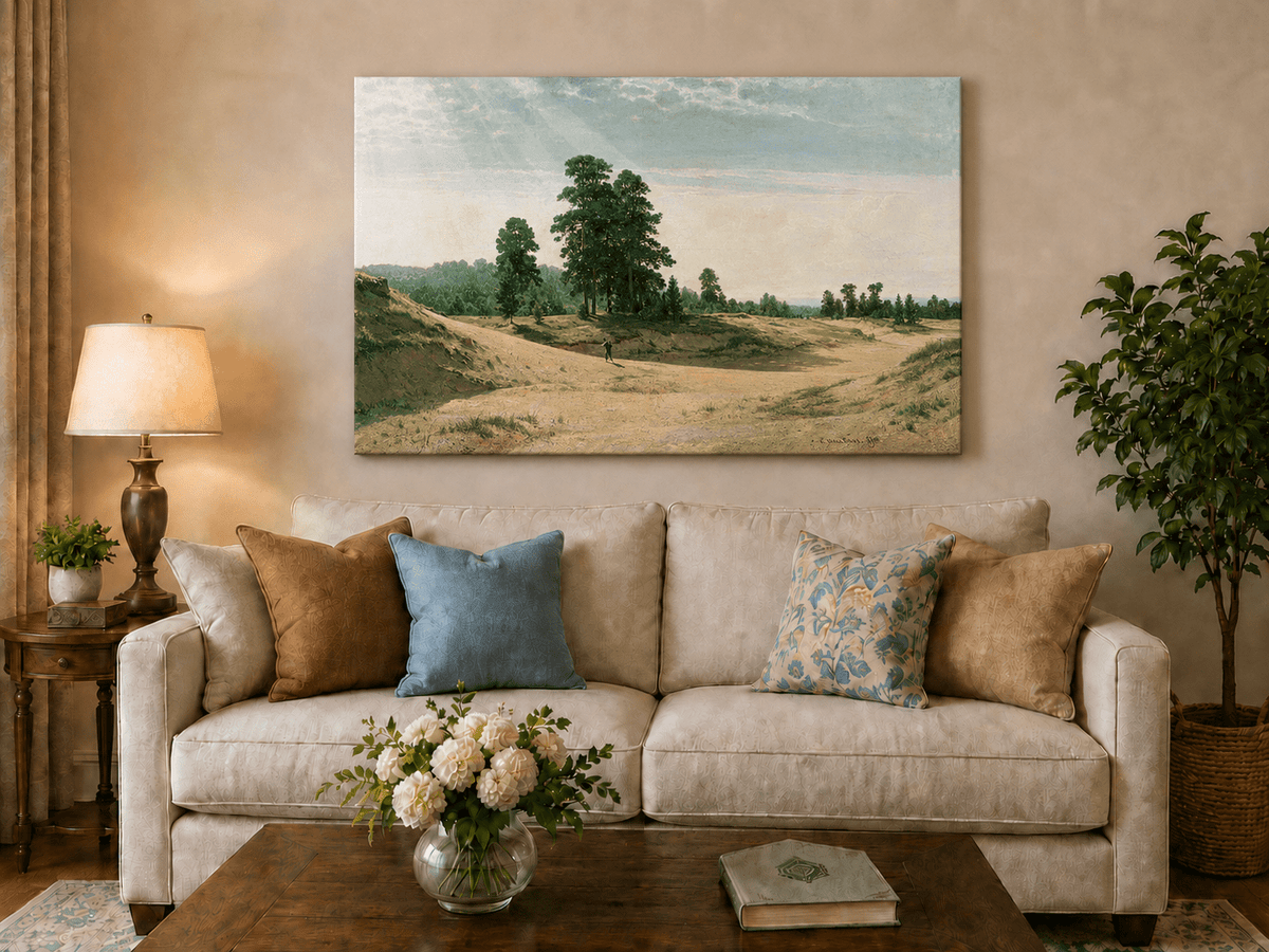 Unframed hand-painted sandy forest clearing oil painting with a distant figure displayed above a neutral living room sofa.