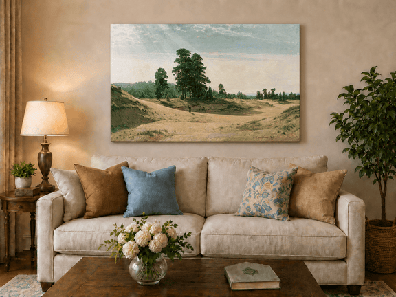 Unframed hand-painted sandy forest clearing oil painting with a distant figure displayed above a neutral living room sofa.