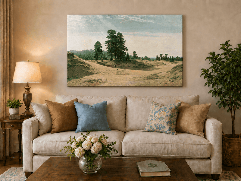 Unframed hand-painted sandy forest clearing oil painting with a distant figure displayed above a neutral living room sofa.