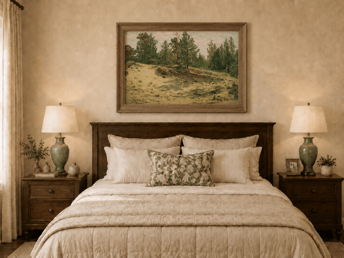 Framed hand-painted sandy forest clearing oil painting with scattered pines and open ground displayed above a wooden bed in a neutral bedroom.