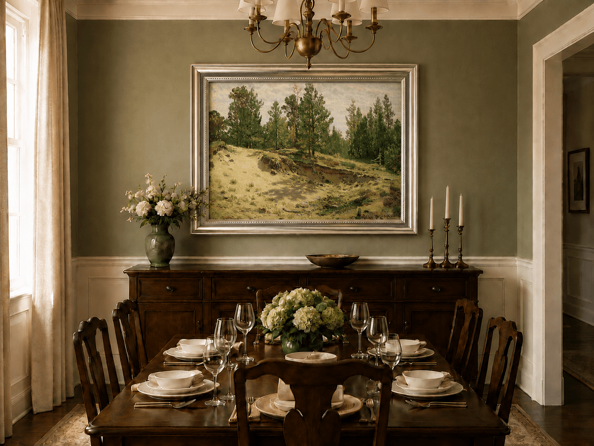 Framed hand-painted sandy forest clearing oil painting with scattered pines and open ground displayed above a formal dining table.