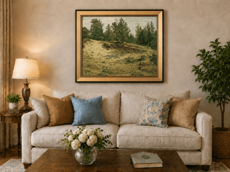 Framed hand-painted sandy forest clearing oil painting with scattered pines and open ground displayed above a neutral living room sofa.