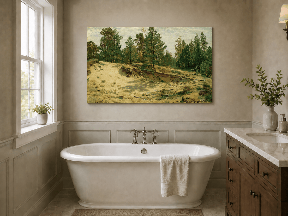 Unframed hand-painted sandy forest clearing oil painting with scattered pines and open ground displayed above a freestanding bathtub.