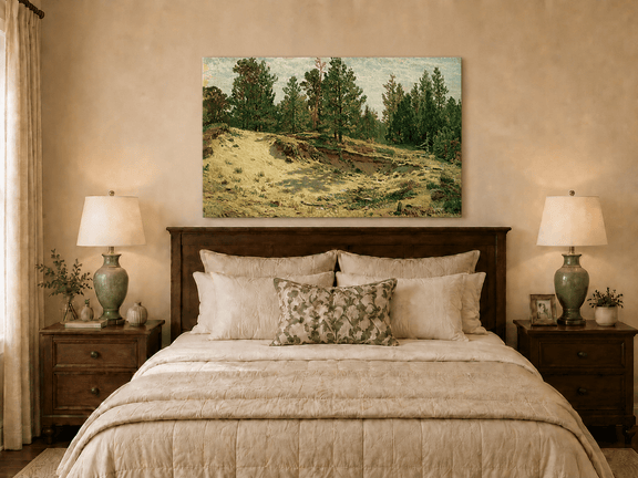 Unframed hand-painted sandy forest clearing oil painting with scattered pines and open ground displayed above a wooden bed in a neutral bedroom.