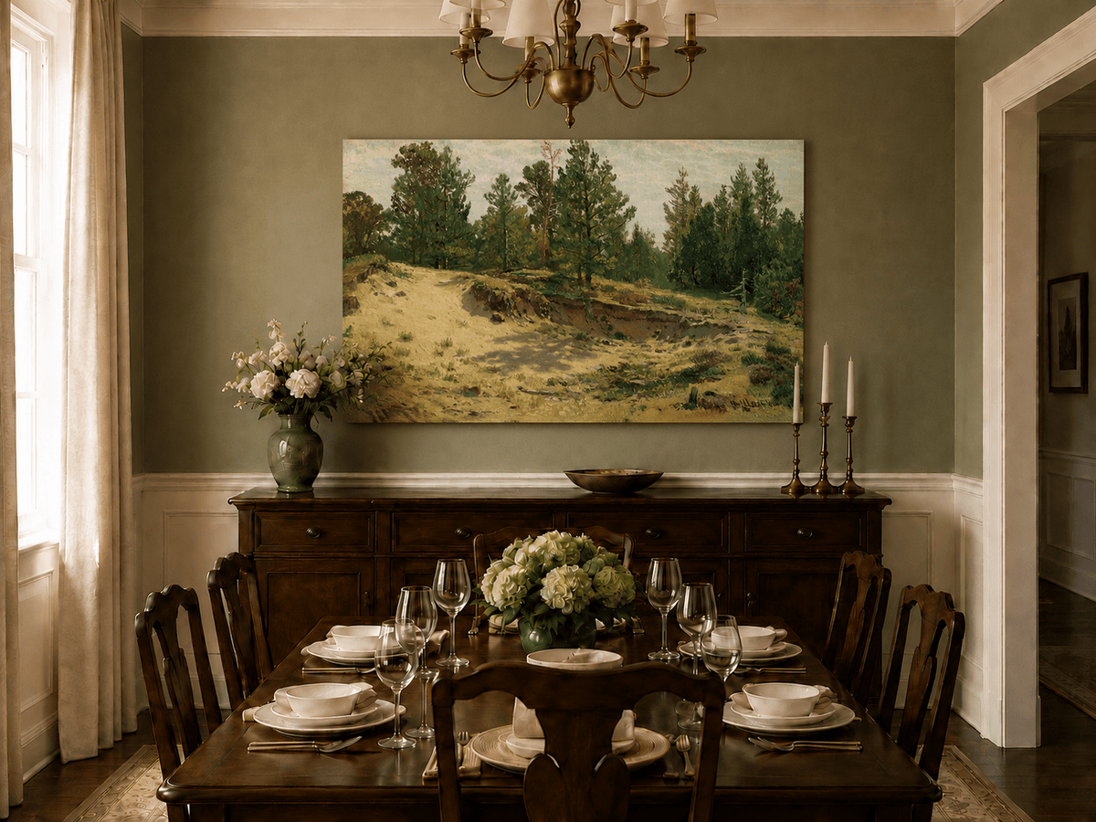 Unframed hand-painted sandy forest clearing oil painting with scattered pines and open ground displayed above a formal dining table.