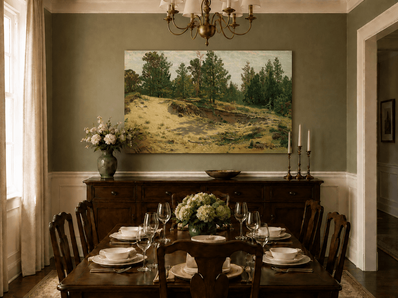 Unframed hand-painted sandy forest clearing oil painting with scattered pines and open ground displayed above a formal dining table.