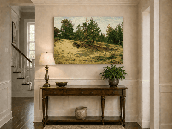 Unframed hand-painted sandy forest clearing oil painting with scattered pines and open ground displayed above an entryway console table.