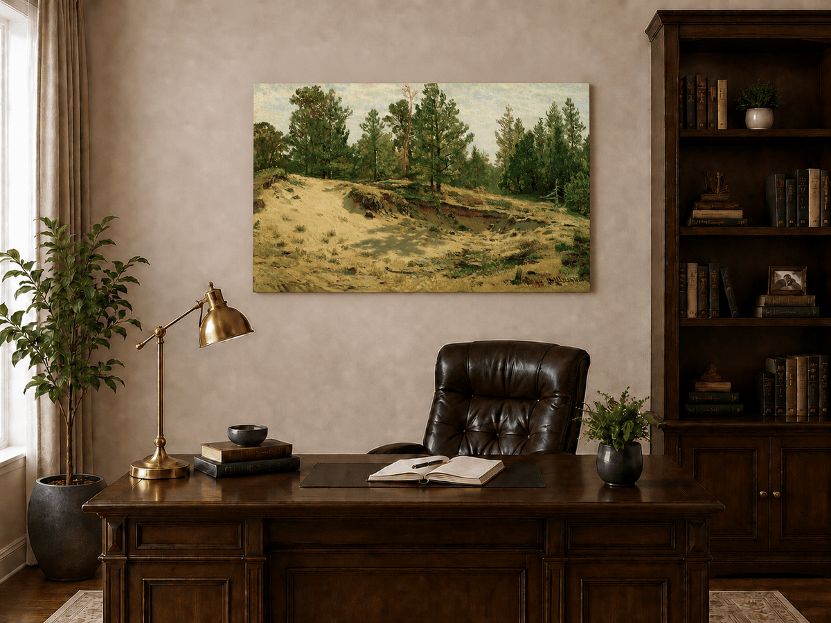 Unframed hand-painted sandy forest clearing oil painting with scattered pines and open ground displayed above a traditional home office desk.