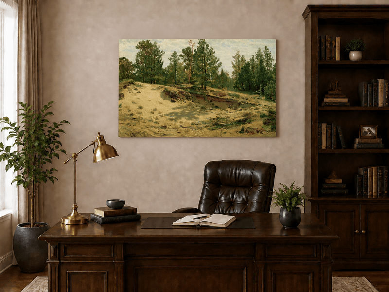 Unframed hand-painted sandy forest clearing oil painting with scattered pines and open ground displayed above a traditional home office desk.