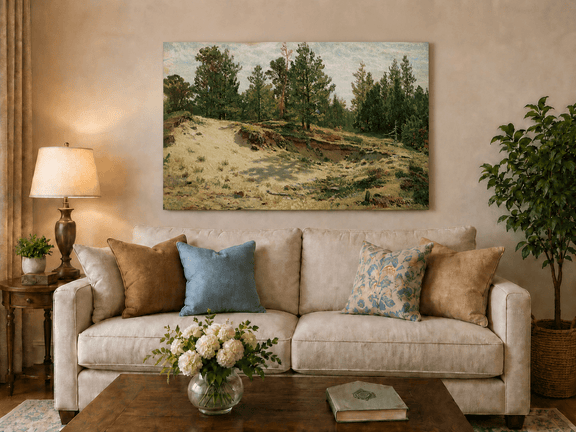 Unframed hand-painted sandy forest clearing oil painting with scattered pines and open ground displayed above a neutral living room sofa.
