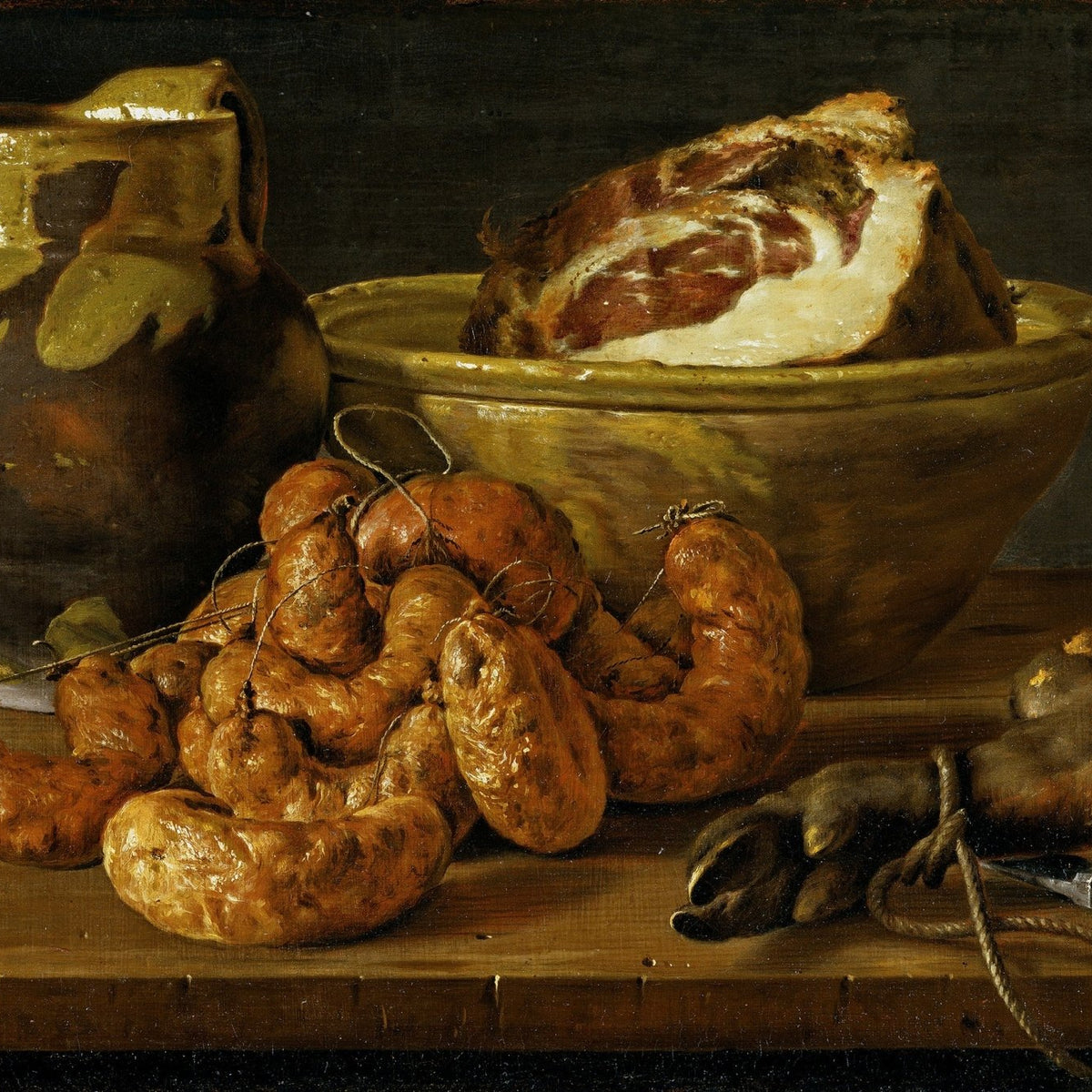 Sausages, Ham and Earthenware - Still Life Oil Painting - Oil Painting Haven