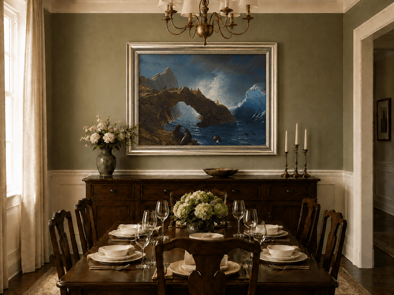 Framed hand-painted coastal oil painting with Sea Lion Rock and crashing blue surf displayed above a formal dining table.