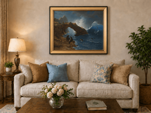 Framed hand-painted coastal oil painting with Sea Lion Rock and crashing blue surf displayed above a neutral living room sofa.