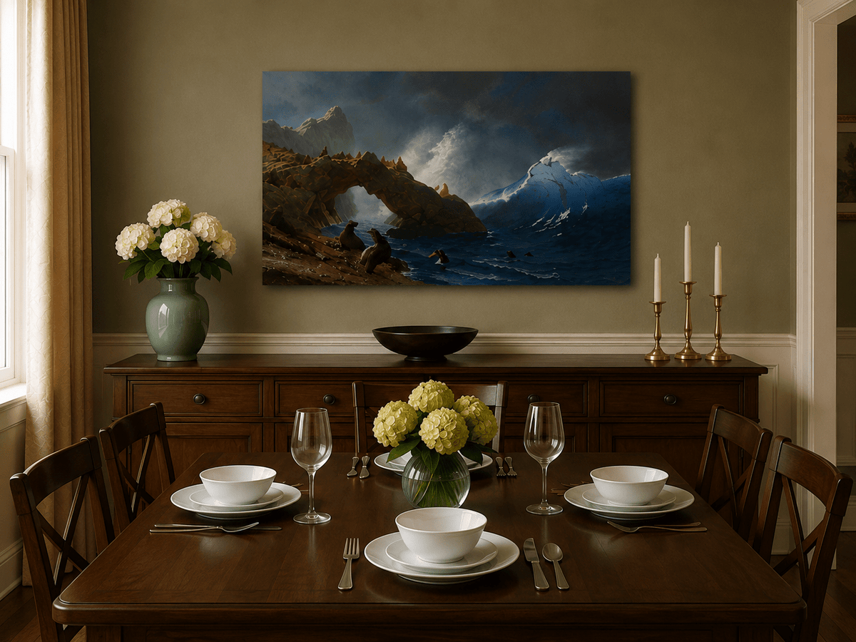 Unframed hand-painted coastal oil painting with Sea Lion Rock and crashing blue surf displayed above a formal dining table.