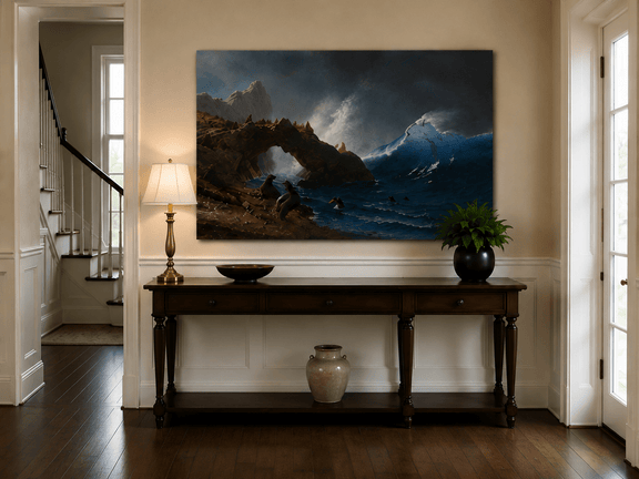 Unframed hand-painted coastal oil painting with Sea Lion Rock and crashing blue surf displayed above an entryway console table.