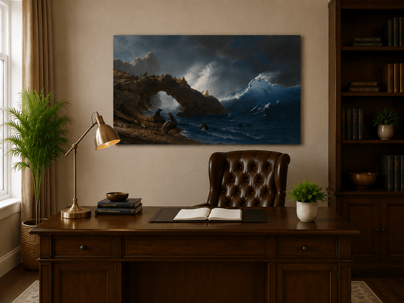 Unframed hand-painted coastal oil painting with Sea Lion Rock and crashing blue surf displayed above a traditional home office desk.