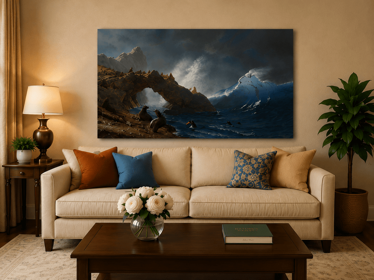 Unframed hand-painted coastal oil painting with Sea Lion Rock and crashing blue surf displayed above a neutral living room sofa.