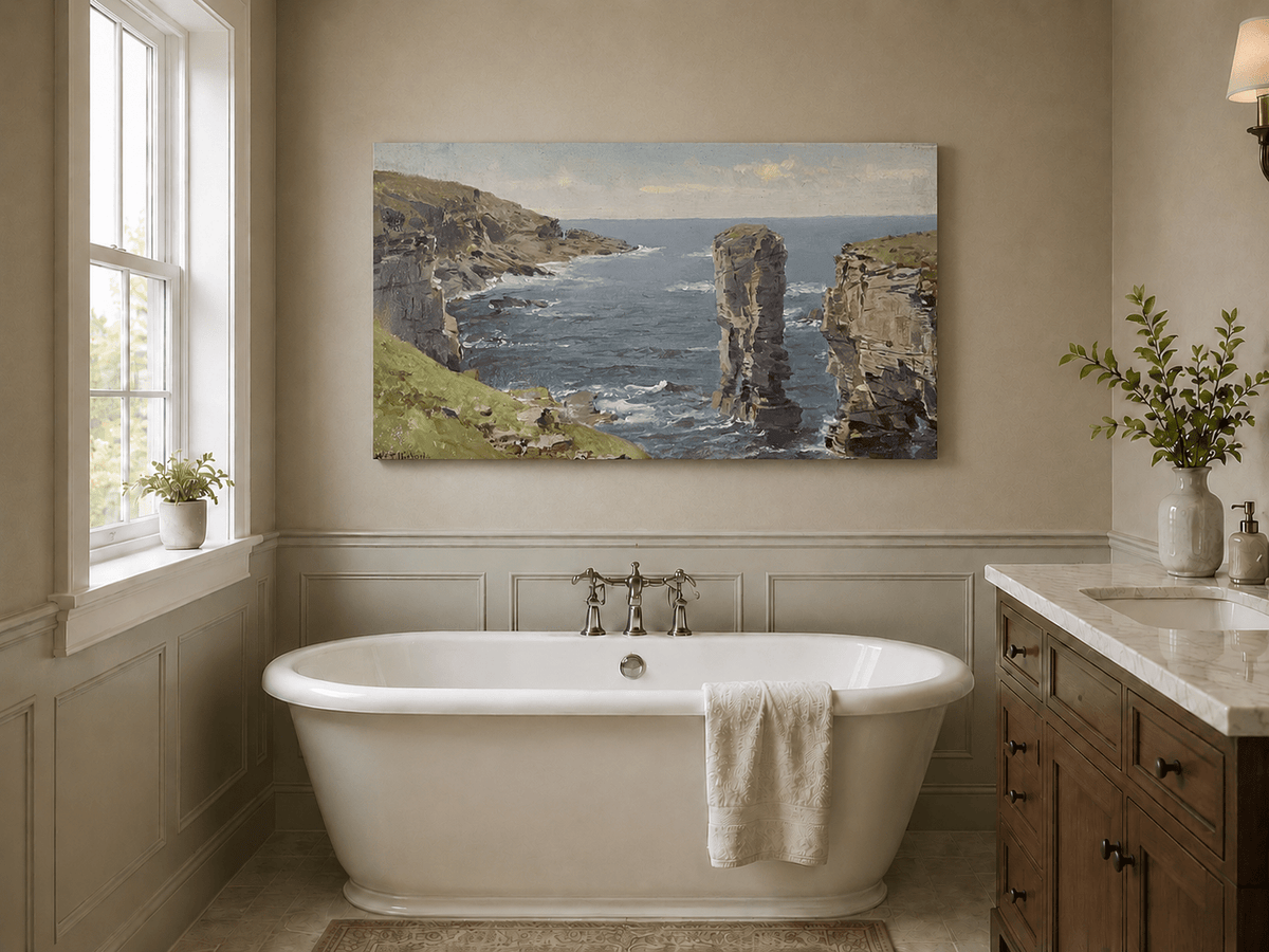 Unframed hand-painted coastal oil painting with sea stacks, cliffs and churning ocean waves displayed above a freestanding bathtub.
