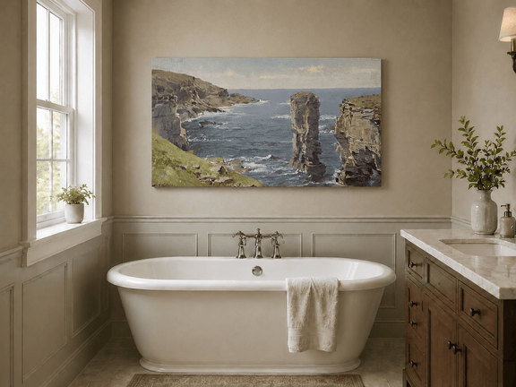 Unframed hand-painted coastal oil painting with sea stacks, cliffs and churning ocean waves displayed above a freestanding bathtub.
