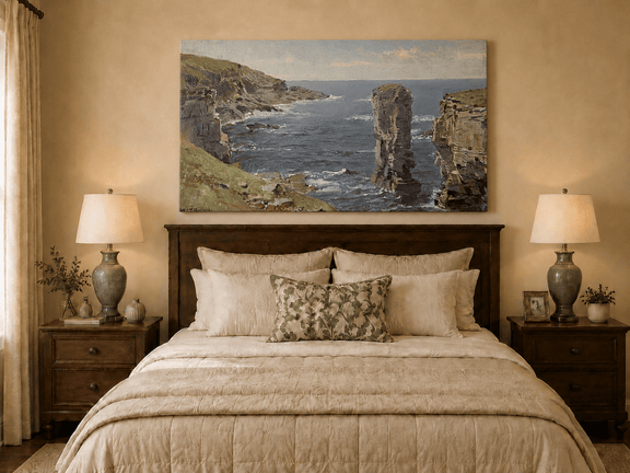 Unframed hand-painted coastal oil painting with sea stacks, cliffs and churning ocean waves displayed above a wooden bed in a neutral bedroom.