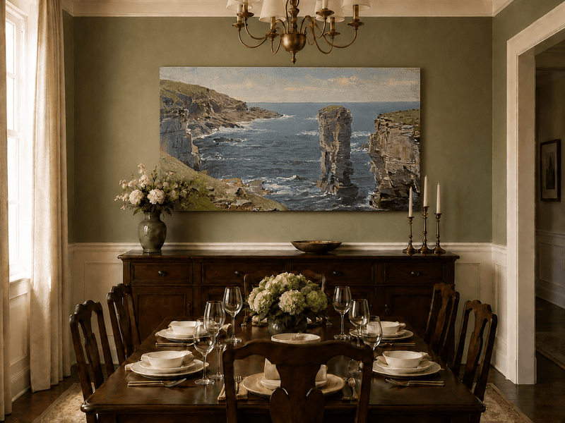 Unframed hand-painted coastal oil painting with sea stacks, cliffs and churning ocean waves displayed above a formal dining table.