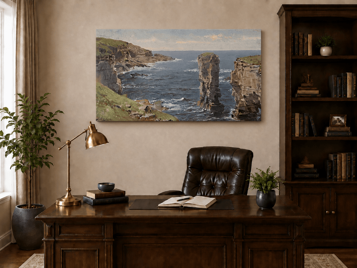 Unframed hand-painted coastal oil painting with sea stacks, cliffs and churning ocean waves displayed above a traditional home office desk.