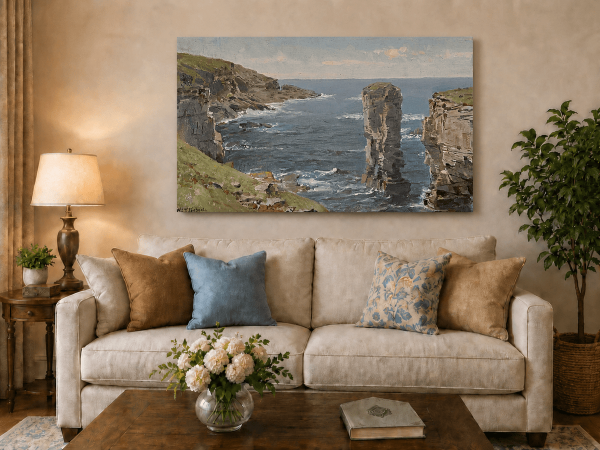 Unframed hand-painted coastal oil painting with sea stacks, cliffs and churning ocean waves displayed above a neutral living room sofa.