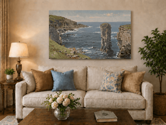 Unframed hand-painted coastal oil painting with sea stacks, cliffs and churning ocean waves displayed above a neutral living room sofa.