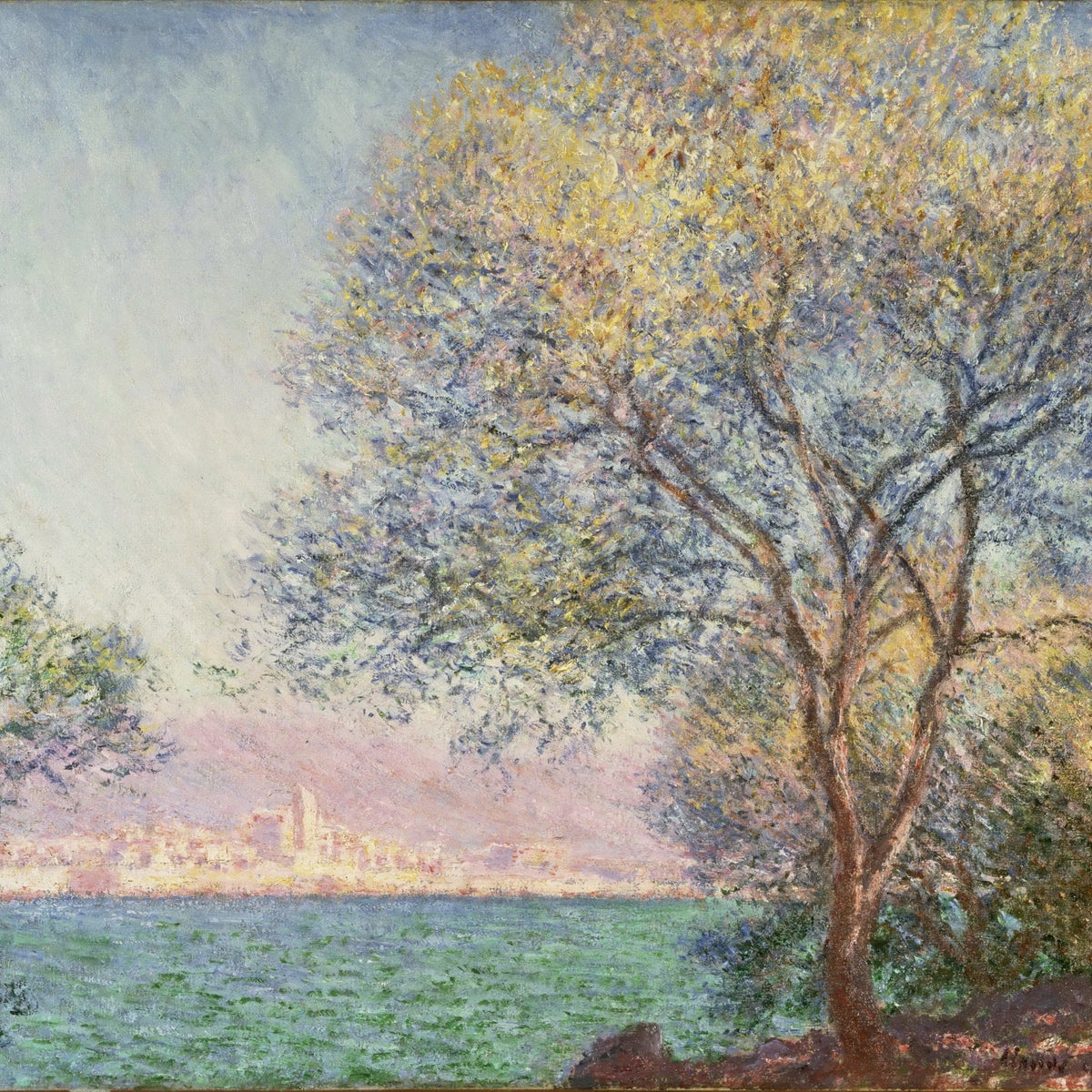 Hand-painted seaside tree view at antibes in soft morning light landscape oil painting on canvas