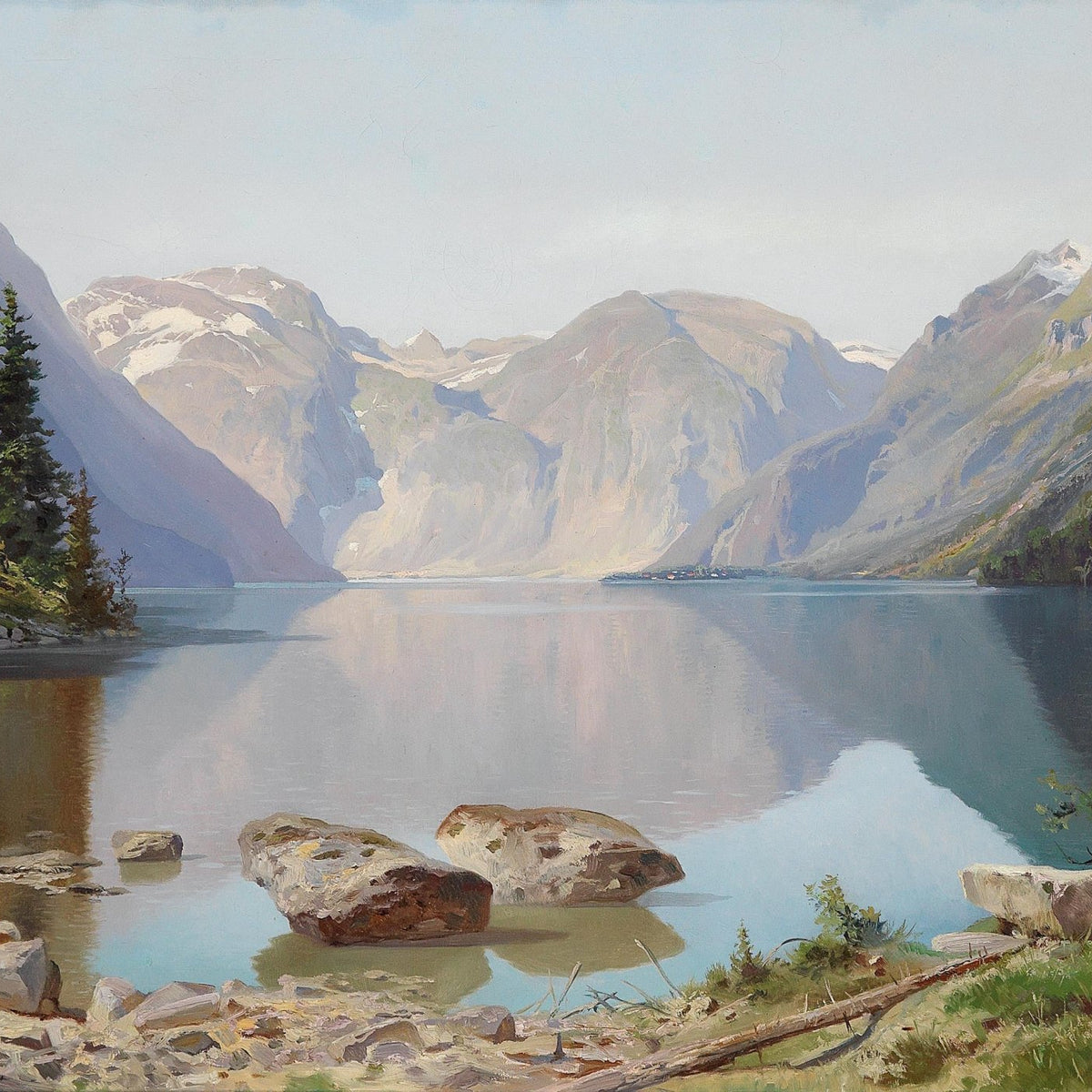 Serene Alpine Lake and Mountain Reflections – Landscape Oil Painting - Oil Painting Haven