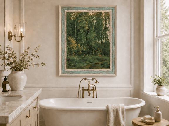Framed hand-painted serene forest pond oil painting with leafy trees and still water displayed above a freestanding bathtub.