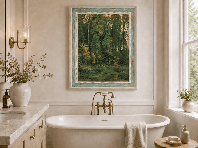 Framed hand-painted serene forest pond oil painting with leafy trees and still water displayed above a freestanding bathtub.