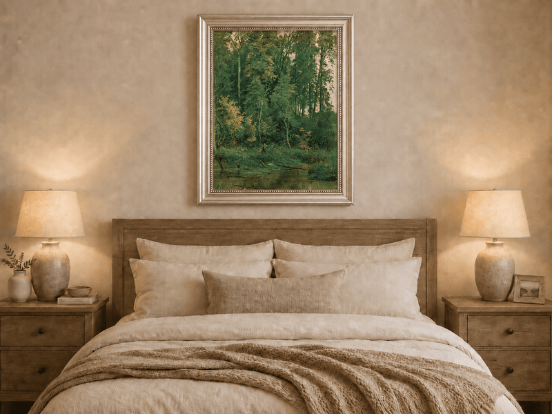 Framed hand-painted serene forest pond oil painting with leafy trees and still water displayed above a wooden bed in a neutral bedroom.