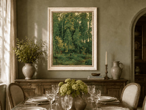 Framed hand-painted serene forest pond oil painting with leafy trees and still water displayed above a formal dining table.