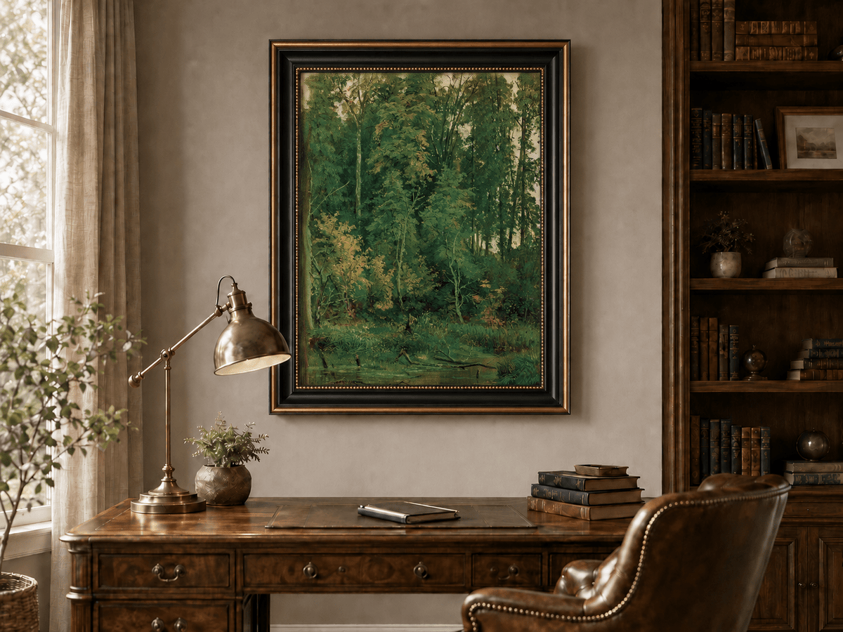 Framed hand-painted serene forest pond oil painting with leafy trees and still water displayed above an entryway console table.