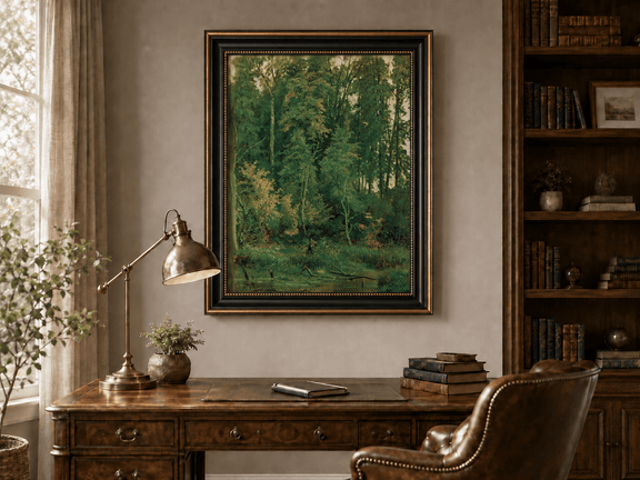 Framed hand-painted serene forest pond oil painting with leafy trees and still water displayed above an entryway console table.