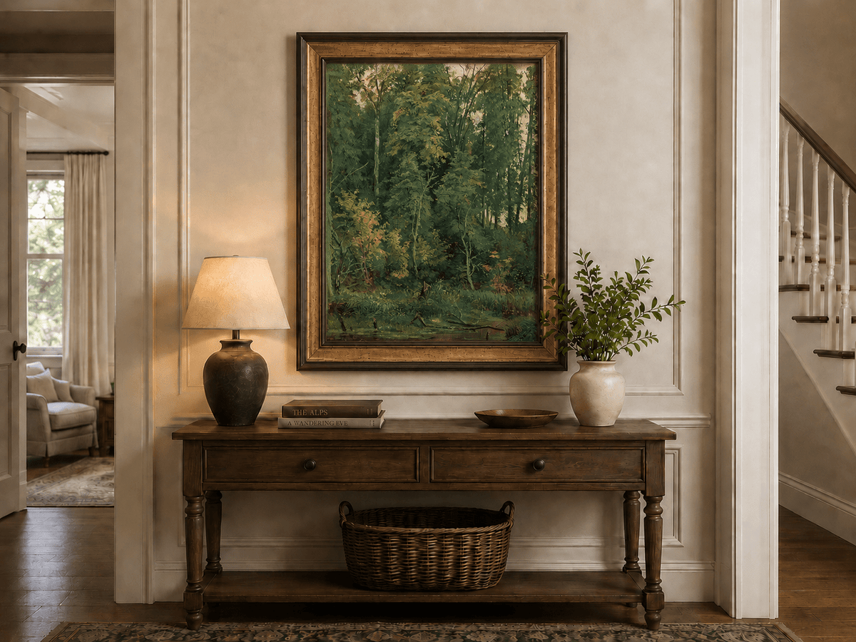 Framed hand-painted serene forest pond oil painting with leafy trees and still water displayed above a traditional home office desk.