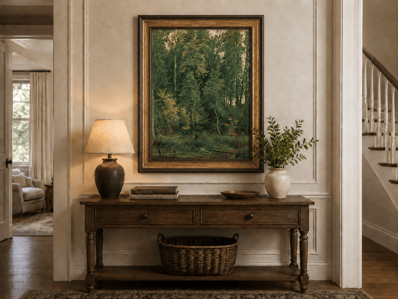 Framed hand-painted serene forest pond oil painting with leafy trees and still water displayed above a traditional home office desk.