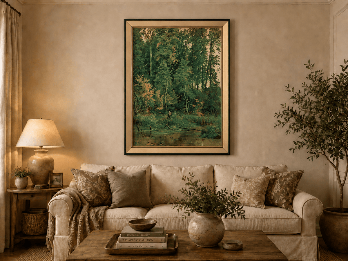 Framed hand-painted serene forest pond oil painting with leafy trees and still water displayed above a neutral living room sofa.