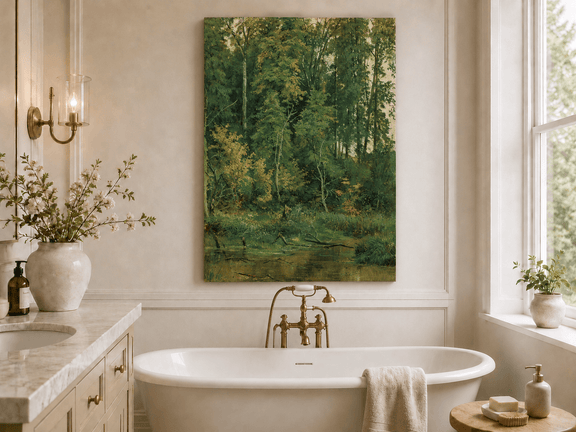 Unframed hand-painted serene forest pond oil painting with leafy trees and still water displayed above a freestanding bathtub.