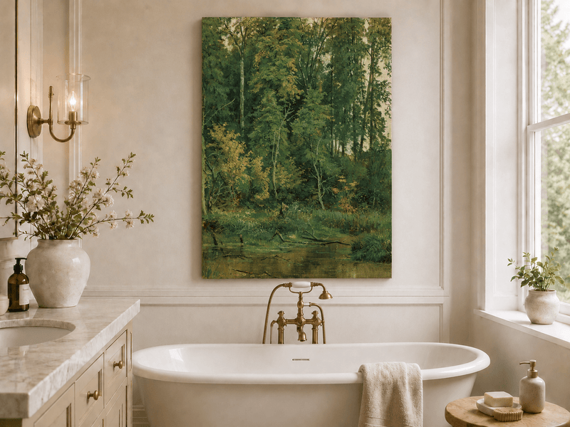 Unframed hand-painted serene forest pond oil painting with leafy trees and still water displayed above a freestanding bathtub.